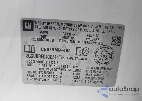 2016 Chevrolet Silverado 1500 1Lt/2Lt from USA, damaged, VIN 3GCUKREC4GG324092